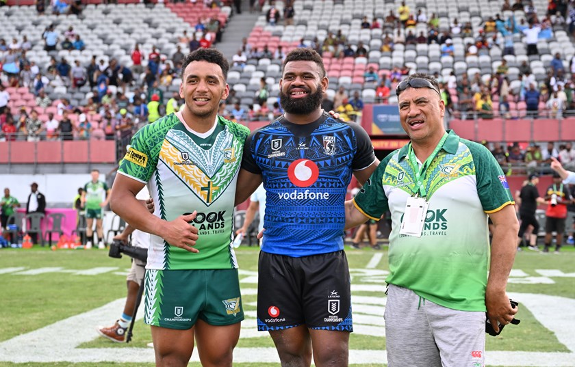 Will Samuel with his father Terepai and Fiji Bati star Mikaele Ravalawa at the Pacific Championships. 
