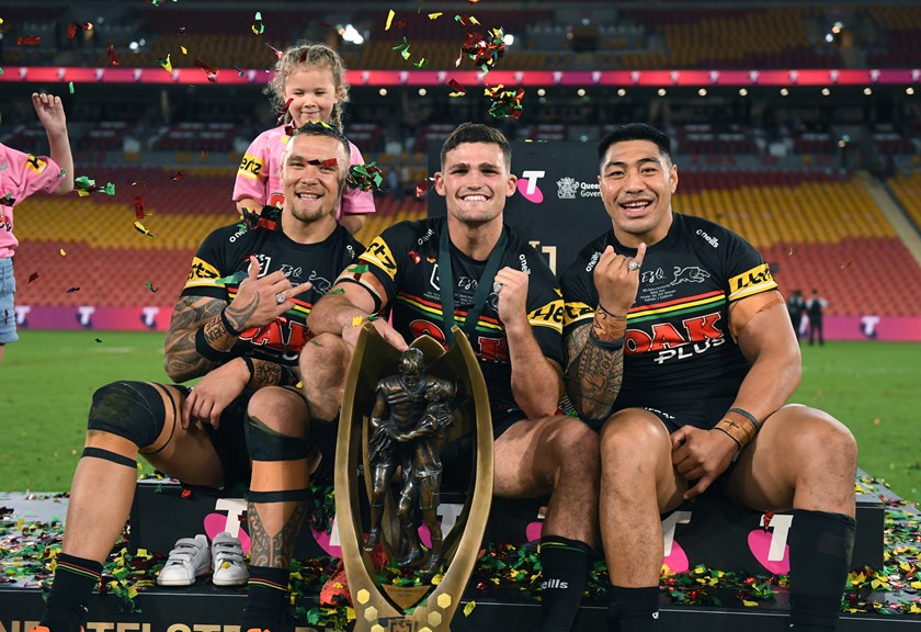 James Fisher-Harris, Nathan Cleary and Moses Leota celebrate the 2021 Grand Final win.