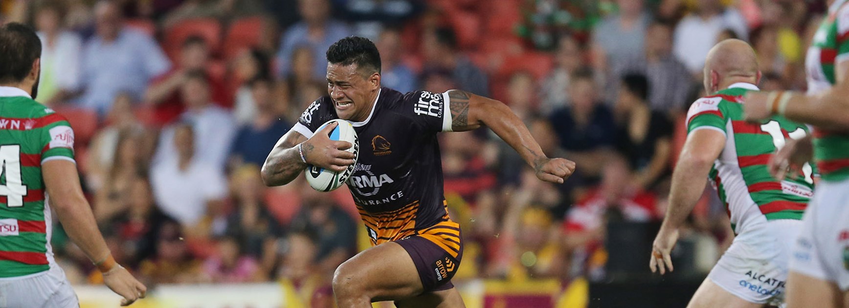 Broncos forward James Gavet on the charge against the Rabbitohs in the 2015 Telstra Premiership season opener.