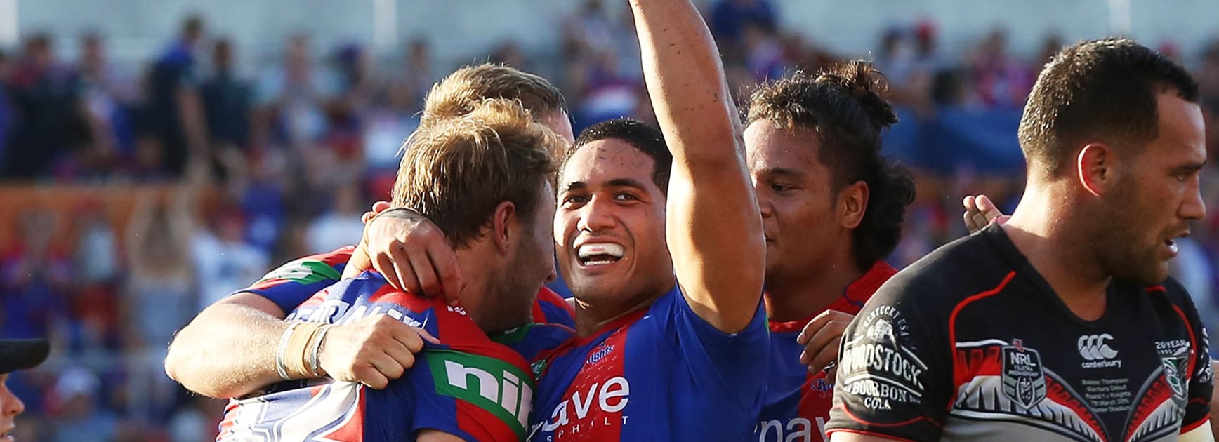 Sione Mata'utia celebrates a try during Newcastle's Round 1 win over the Warriors.