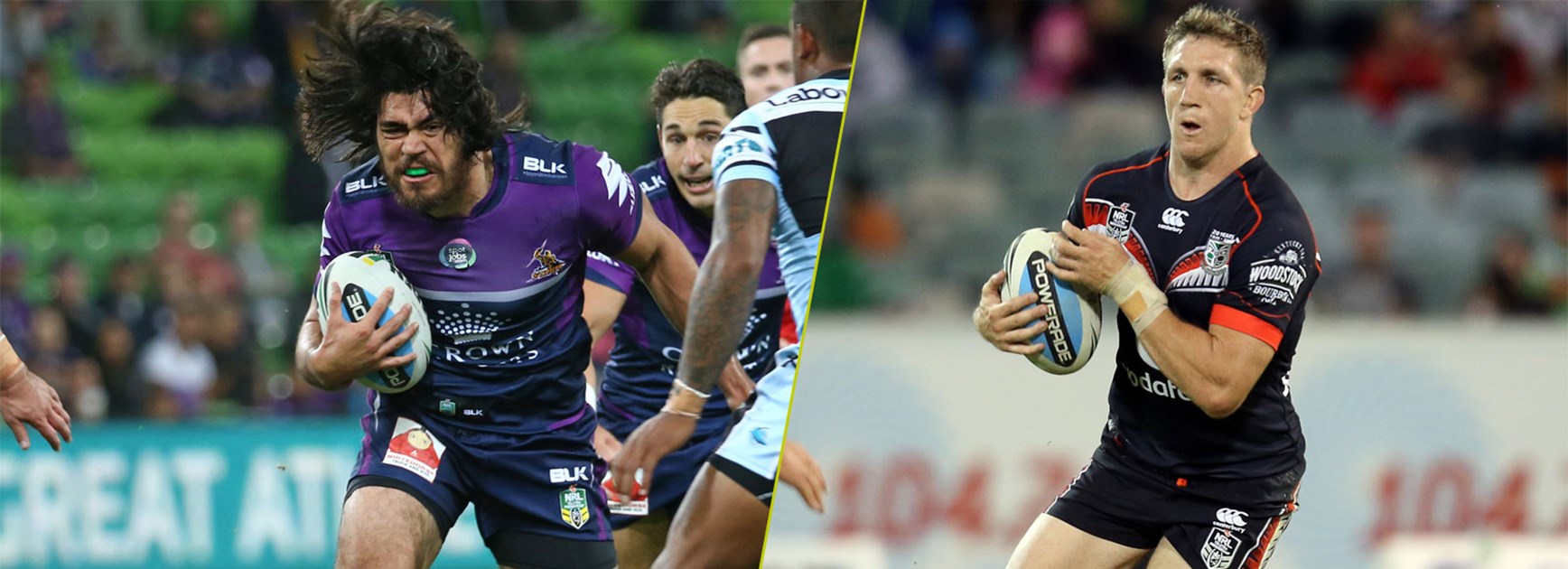 Storm back-rower Tohu Harris and the man whose position he's taken, Warriors recruit Ryan Hoffman.
