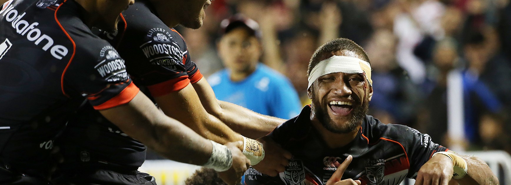 Manu Vatuvei celebrates equaling the NZ try scoring record in the NRL Telstra Premiership during the Round 6 clash with the Wests Tigers.