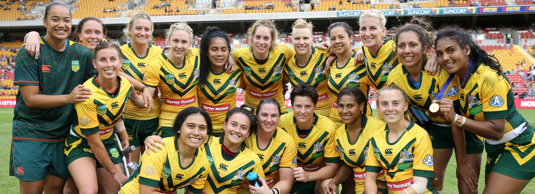 The Australian Jillaroos celebrate following their win over the Kiwi Ferns at Suncorp Stadium.