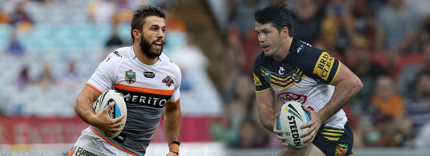 Excitement machines: Wests Tigers James Tedesco and North Queensland's Lachlan Coote.