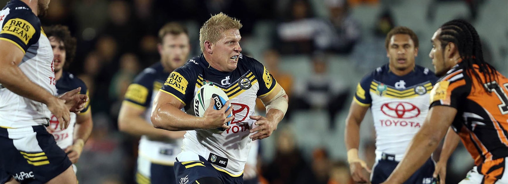 Ben Hannant makes a charge during Round 11 against the Wests Tigers.