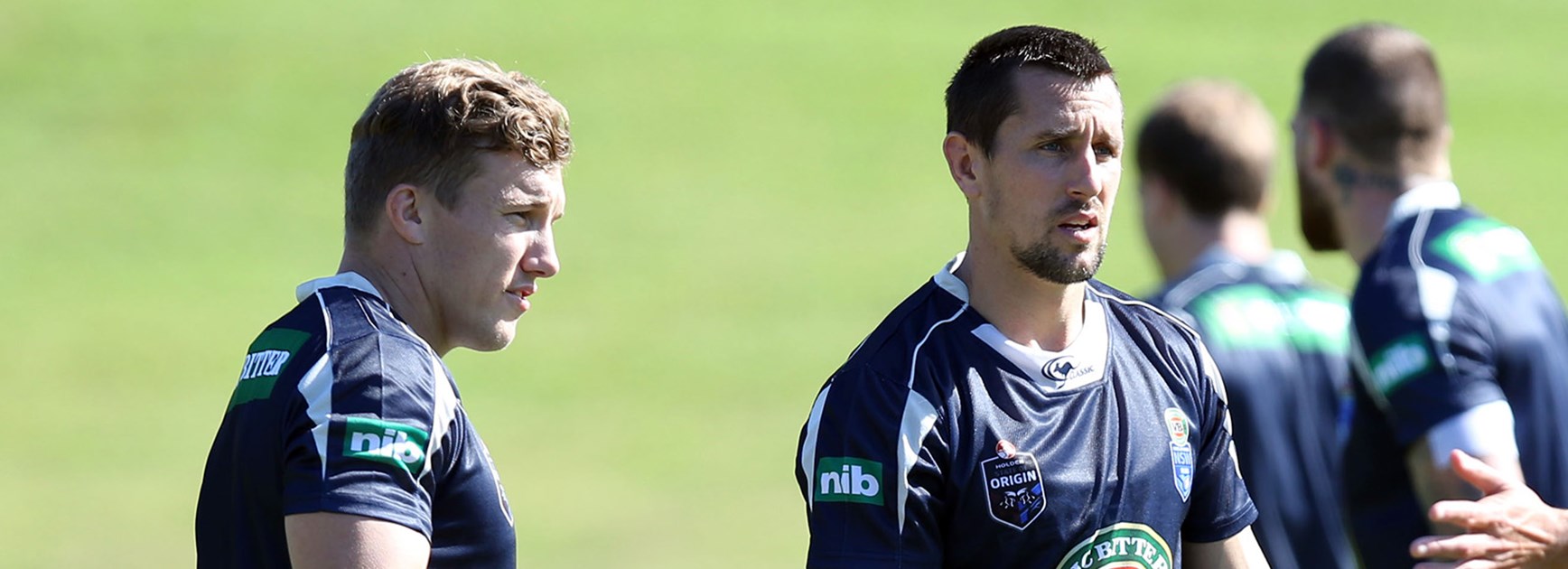 NSW Blues halves Trent Hodkinson and Mitchell Pearce plan their attack ahead of Holden State of Origin I.