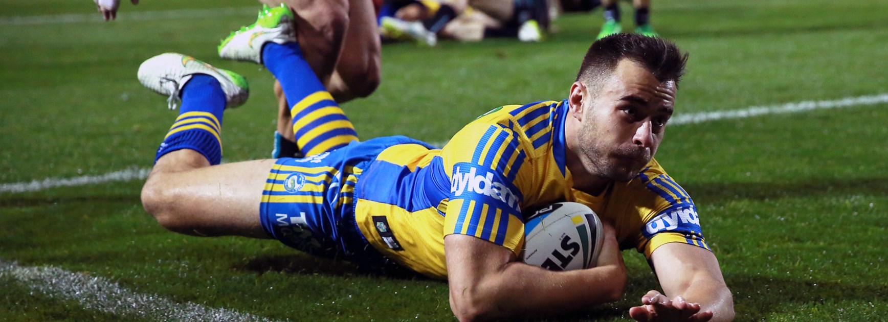 Parramatta winger Ryan Morgan scores for the Eels against the Panthers in Round 12.