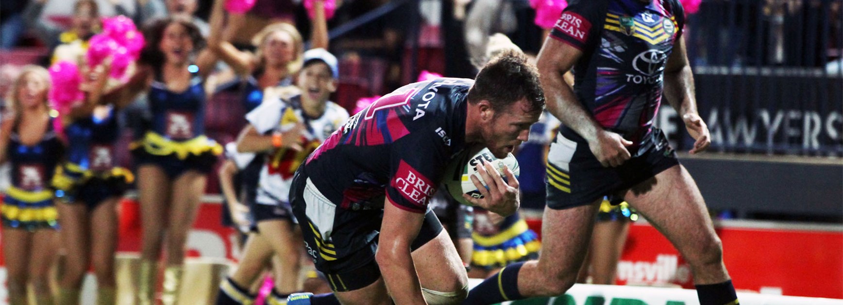Gavin Cooper scores the match-winner for the Cowboys against Manly on Saturday night.