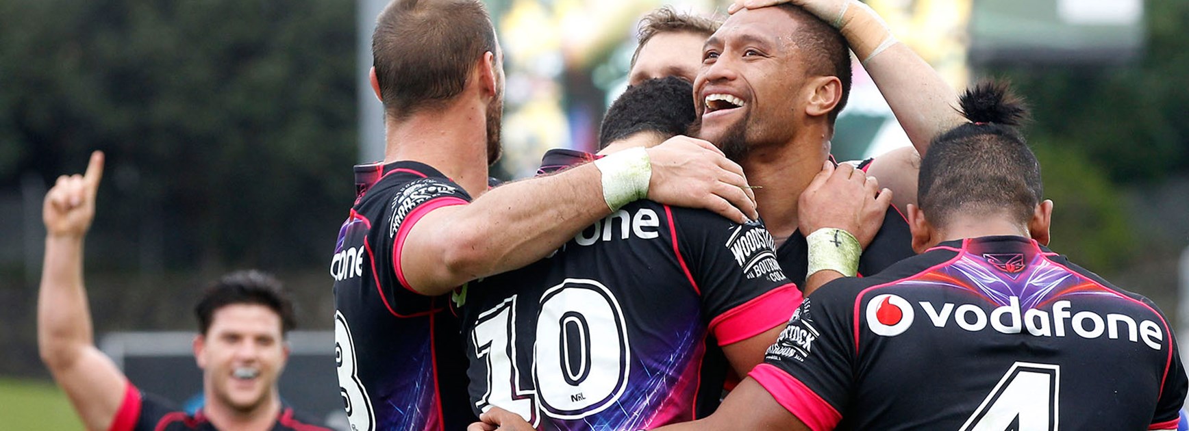 The Warriors celebrate Manu Vatuvei's try against Newcastle in Round 12.