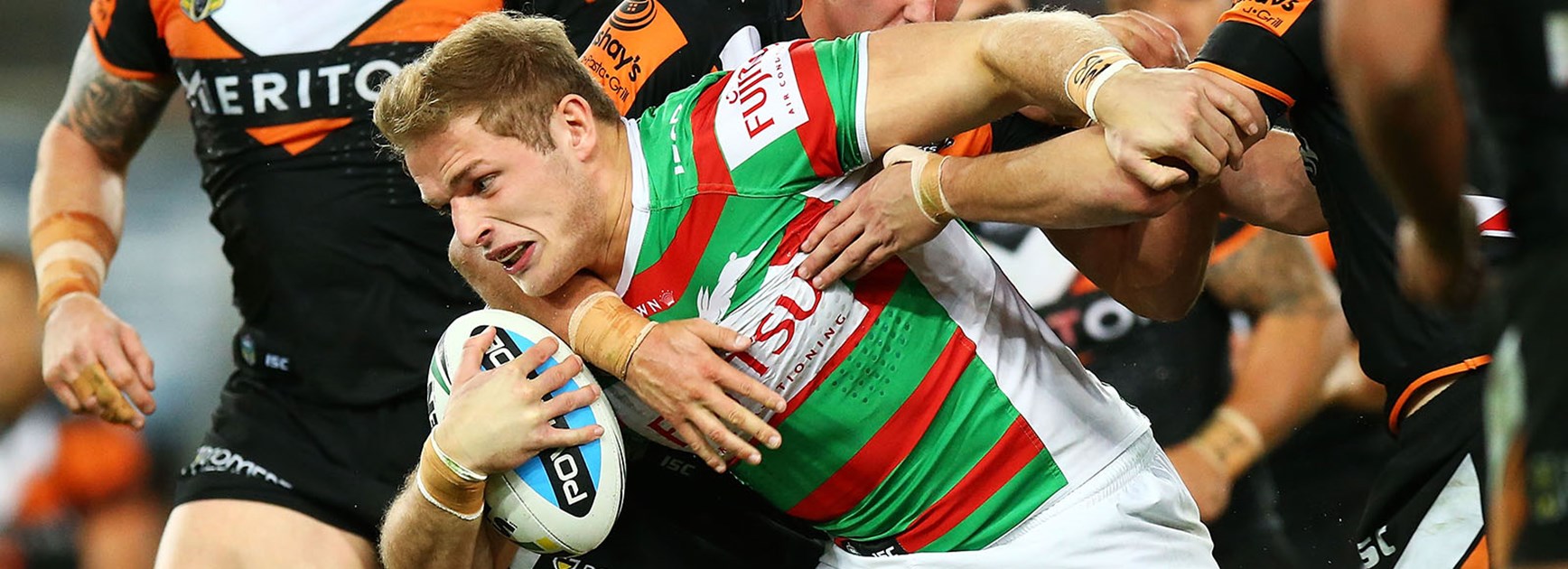 George Burgess makes a run during South Sydney's loss to the Wests Tigers at ANZ Stadium.
