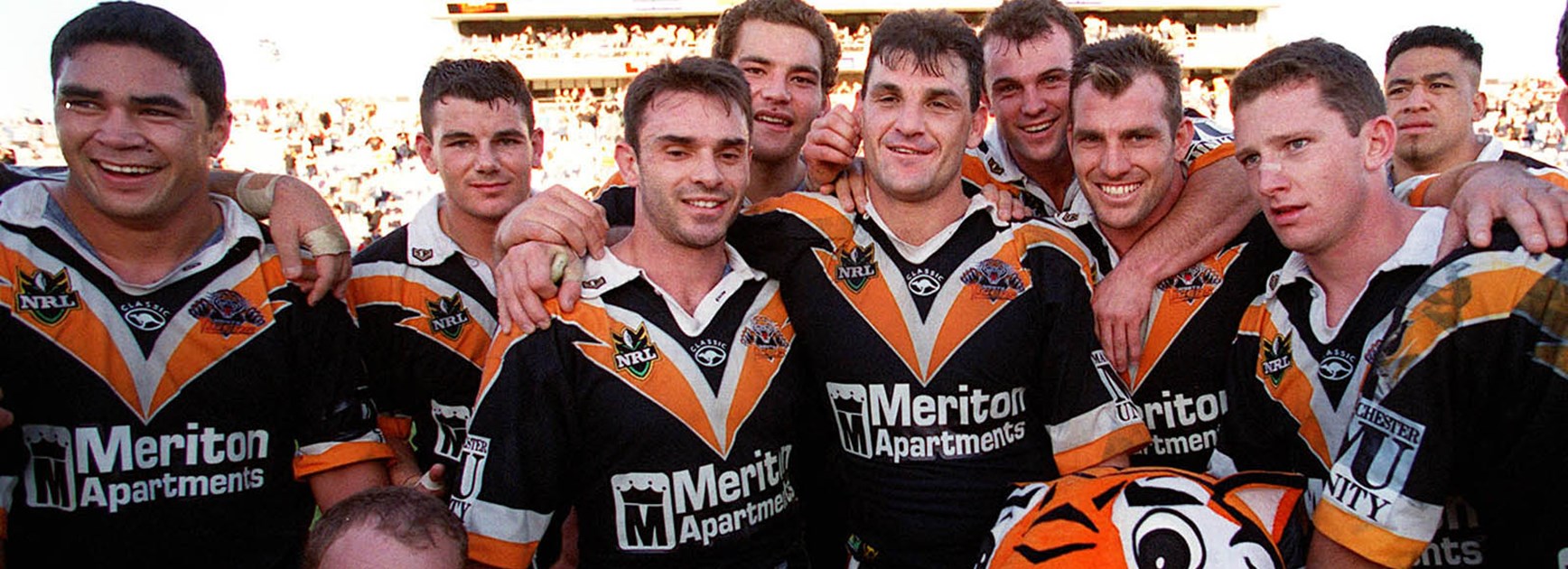 Joel Caine (right) was the only player to appear in all 26 games for the Wests Tigers in their inaugural season.