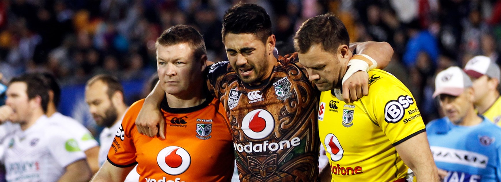 Shaun Johnson leaves the field with an ankle injury in Round 20.