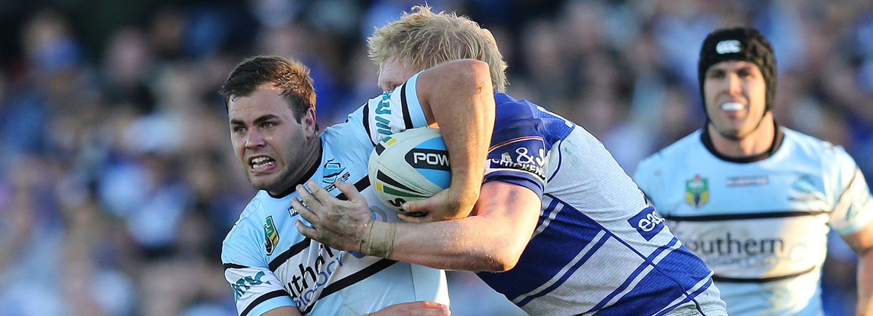 Cronulla's Wade Graham is tackled by Canterbury's James Graham in Round 20 at Belmore Sports Ground.