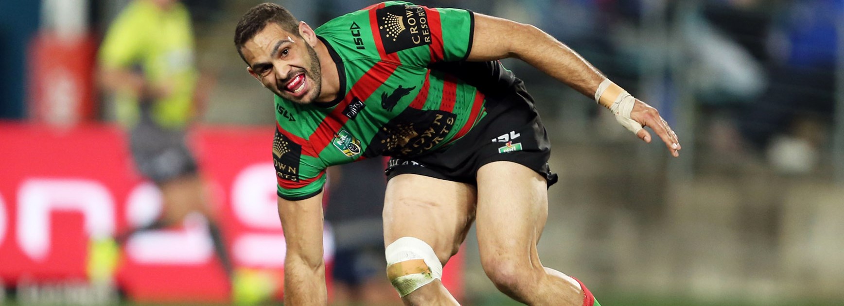 Greg Inglis scores one of his three tries against the Knights in Round 20.