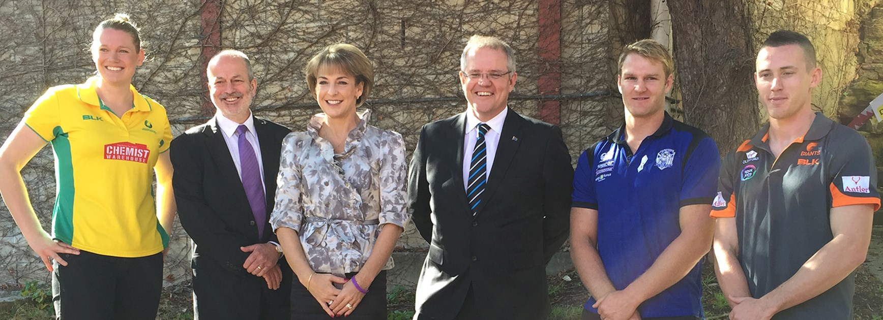 Diamonds' Caitlin Thwaites, Our Watch CEO Paul Linossier, Minister Assisting the Prime Minister on Women Michaelia Cash, Minister for Social Services Scott Morrison, Bulldogs' Aiden Tolman and GWS's Tom Scully.