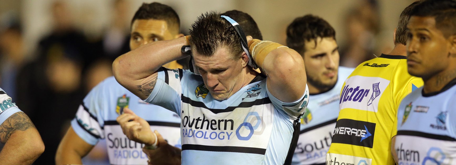 Sharks skipper Paul Gallen looks on dejected in his side's loss to the Storm.