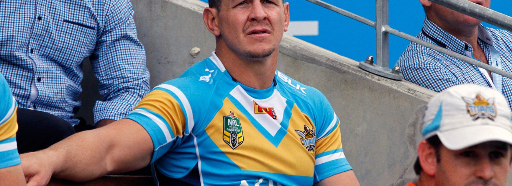 Greg Bird looks on from the bench after he lasted just minutes into the Titans' Round 24 win.