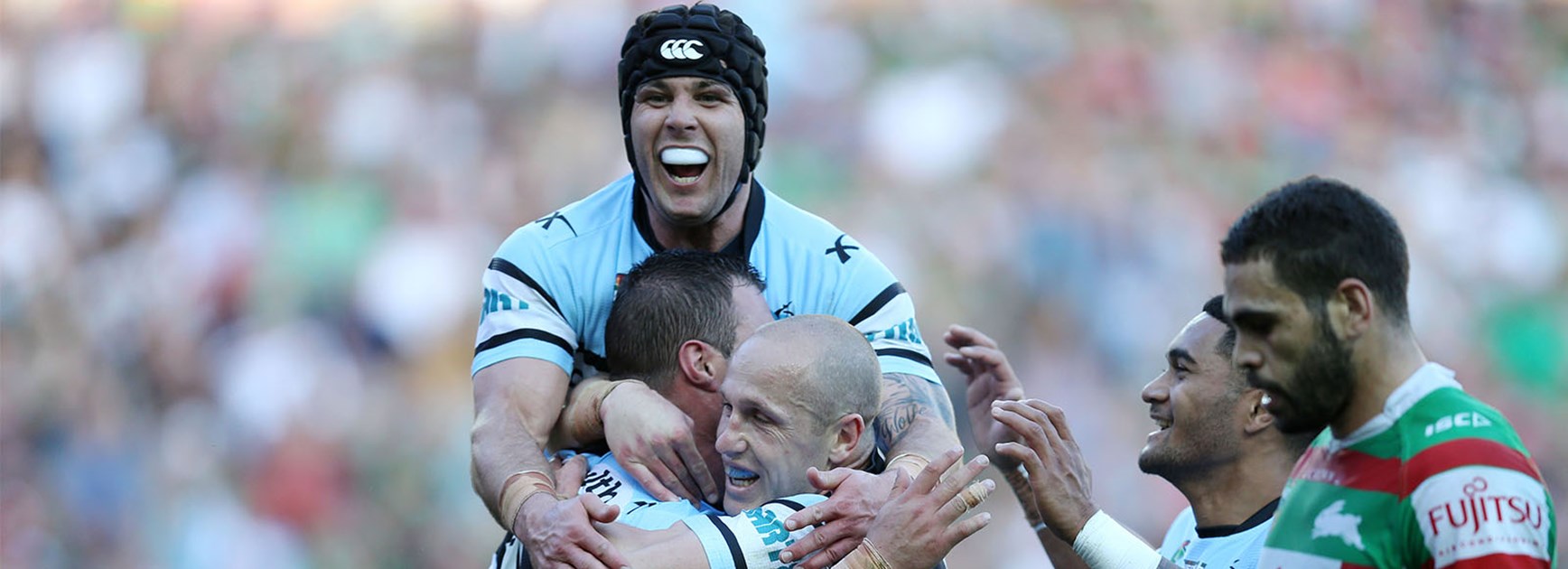 Cronulla celebrate another try in their Elimination Final against South Sydney.