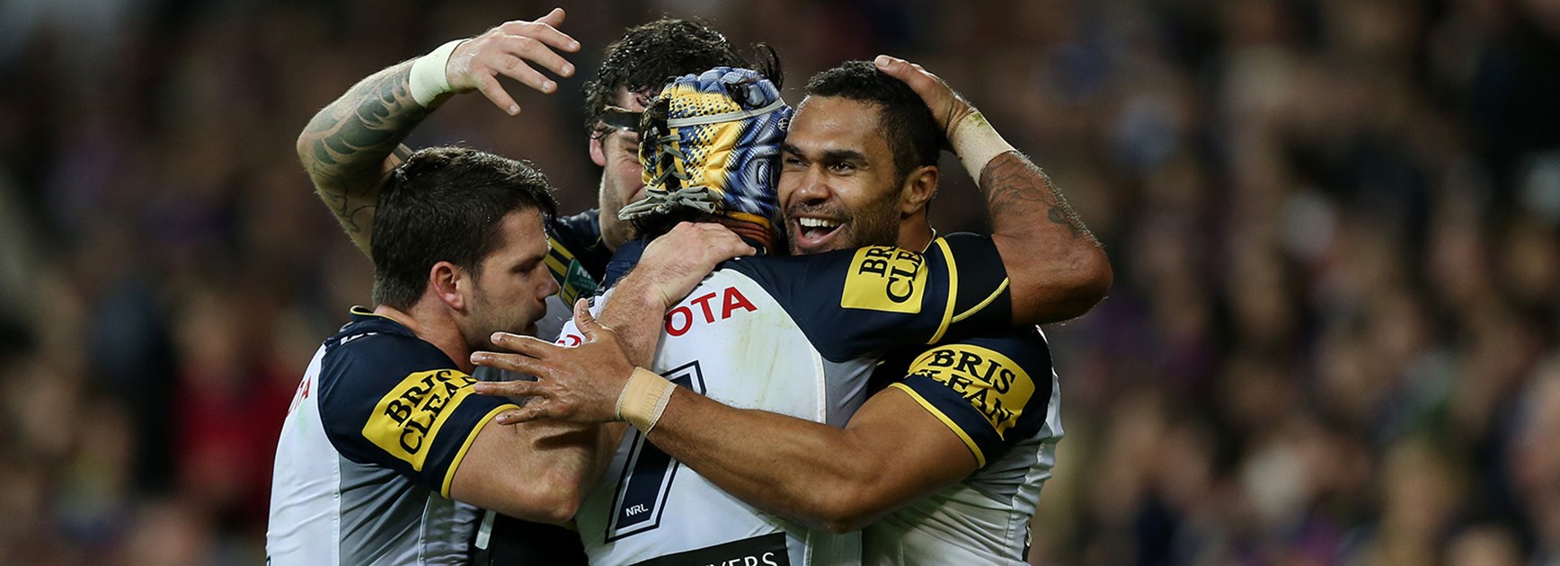 The Cowboys celebrate in their Preliminary Final with the Melbourne Storm at AAMI Park.