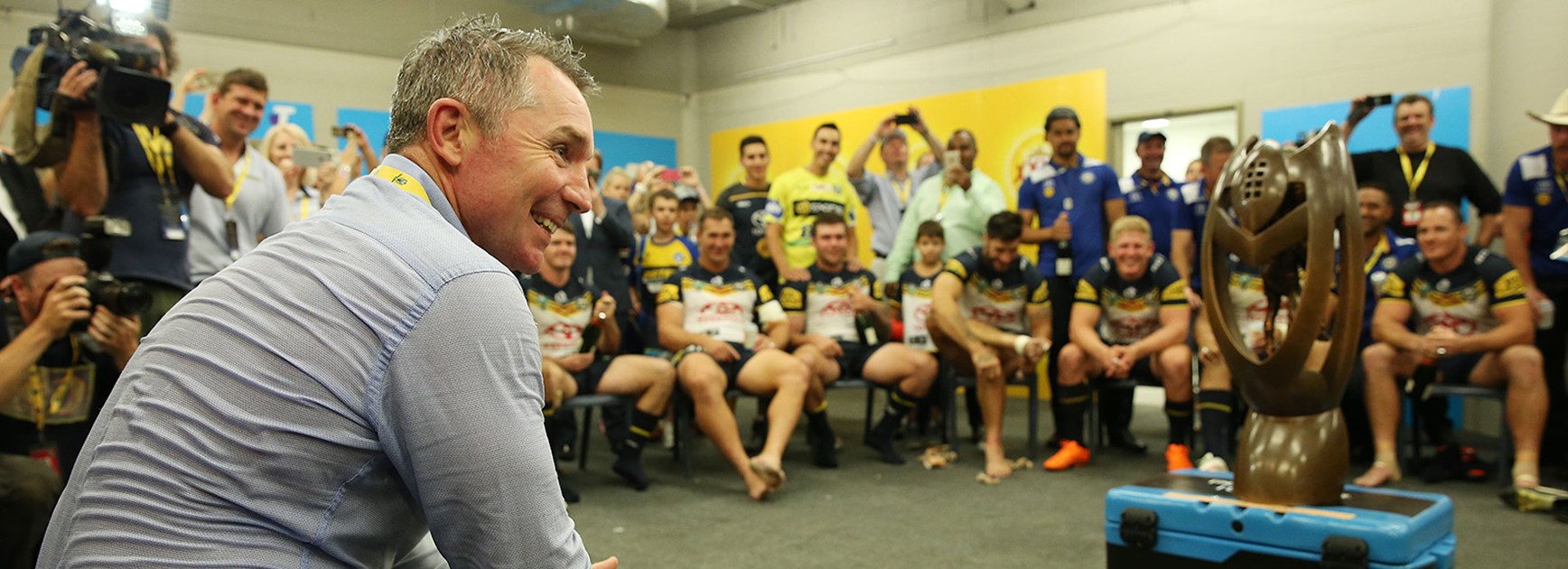 Cowboys coach Paul Green in the winning dressing room after the 2015 Telstra Premiership Grand Final.