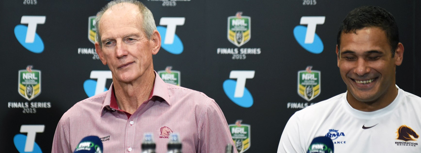 Wayne Bennett and Justin Hodges following Brisbane's win over the Cowboys in Week 1 of the finals.
