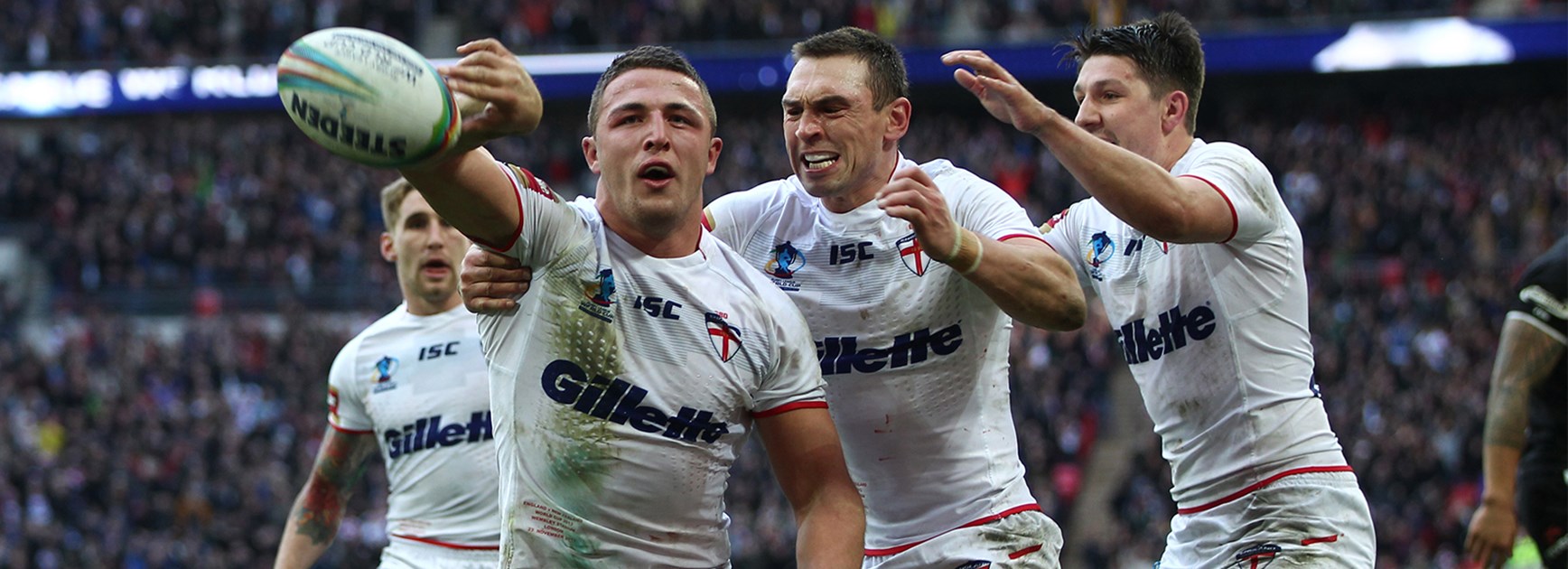 Sam Burgess celebrates a try for England in the 2013 World Cup semi-final against New Zealand.