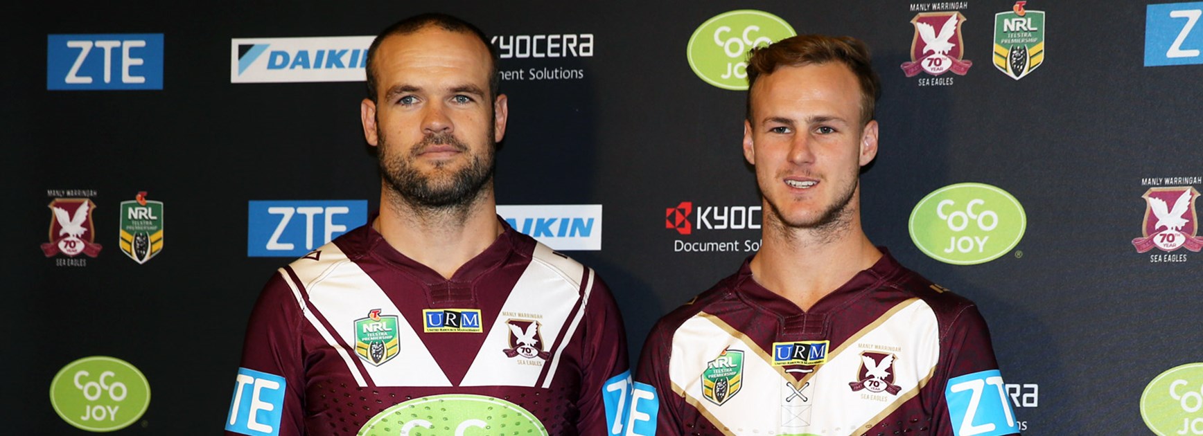 New Manly signing Nate Myles alongside halfback Daly Cherry-Evans in the club's 2016 jersey.