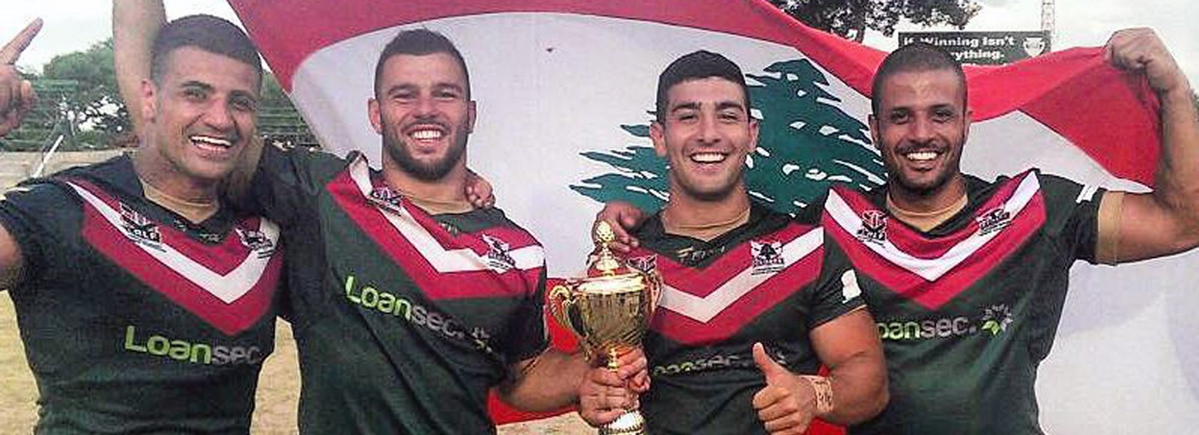 Members of the victorious Lebanon rugby league side who qualified for the 2017 Rugby League World Cup, with James Elias second from left.
