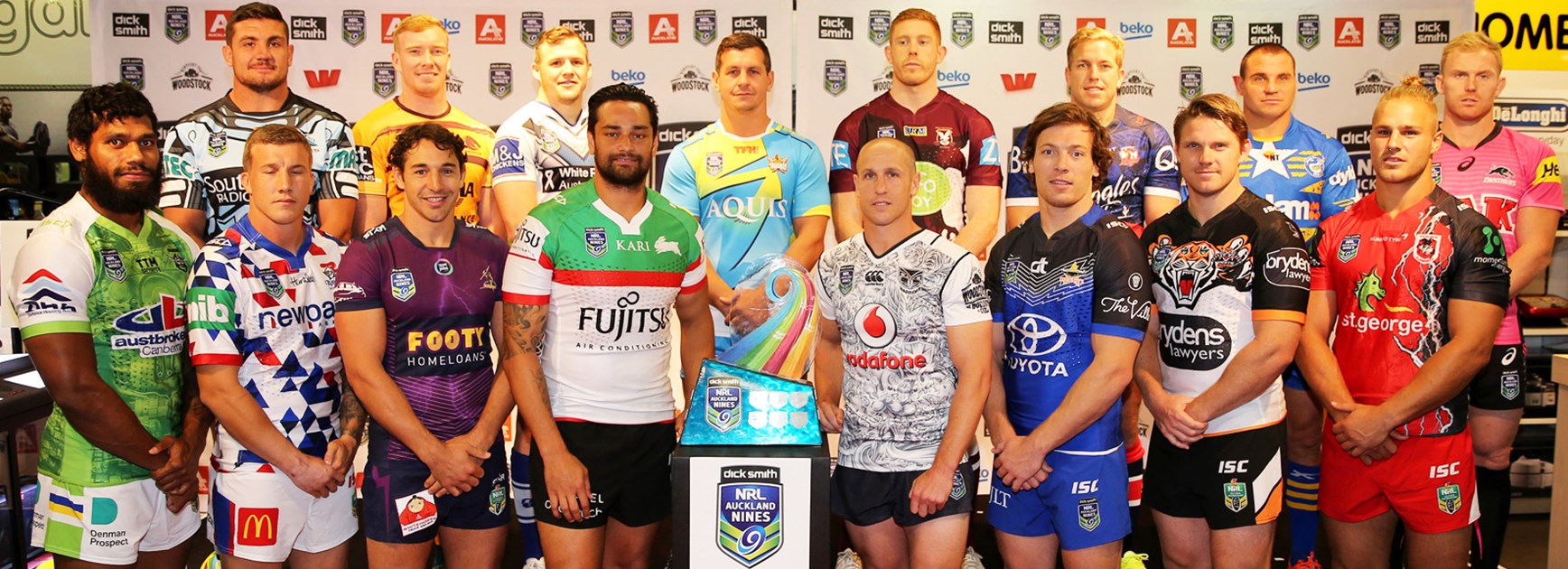 Representatives from all 16 NRL clubs in their new Dick Smith NRL Auckland Nines jerseys ahead of the 2016 tournament.