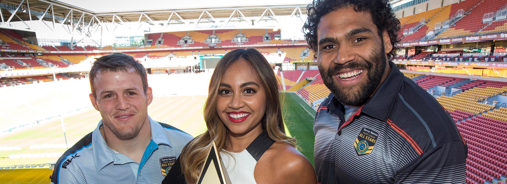 Josh Morris, Jessica Mauboy and Sam Thaiday at the launch of the 2016 All Stars Match.
