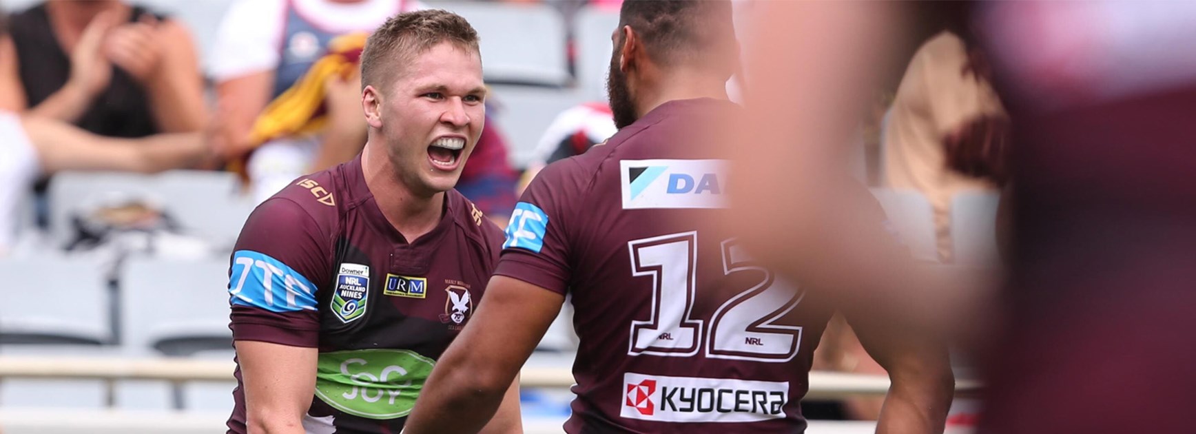 Matt Parcell celebrates scoring the match-winning try for Manly against Brisbane at the Downer NRL Auckland Nines.