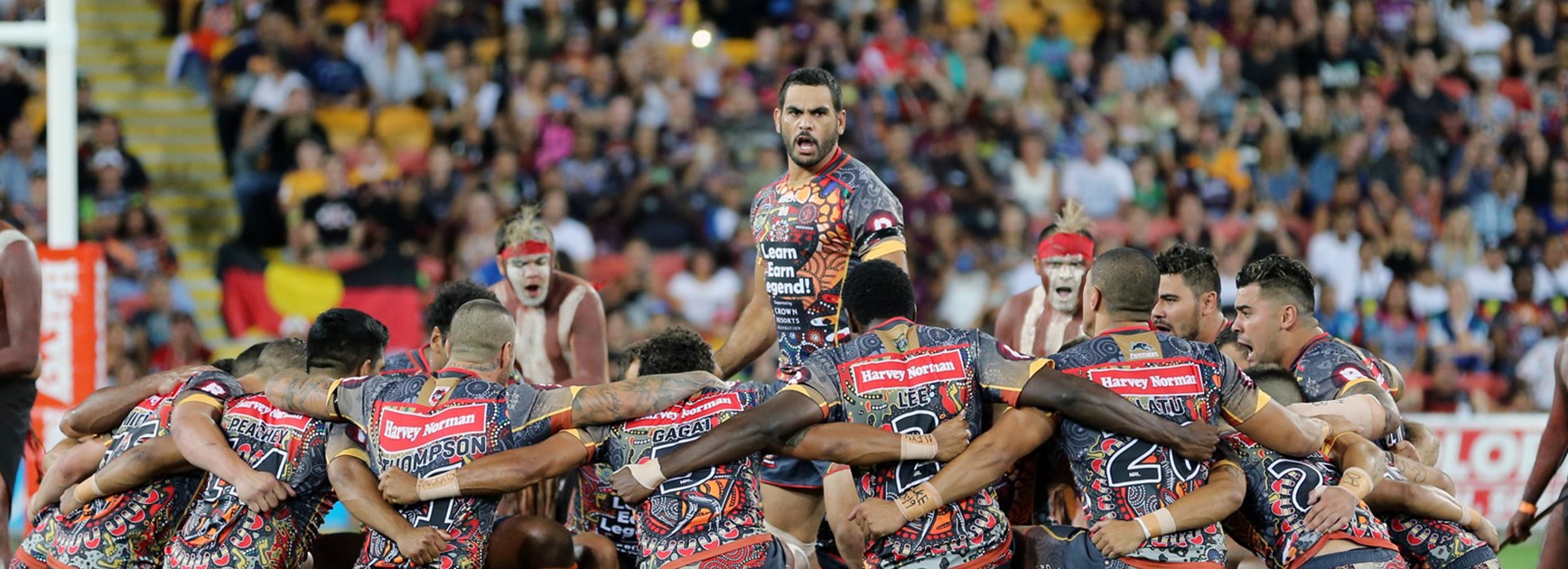 Greg Inglis leads the Indigenous All Stars' war cry prior to the 2016 All Stars fixture.