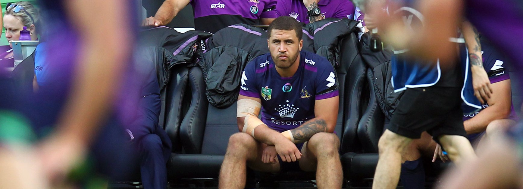 Melbourne's Kenny Bromwich on the bench against the Dragons in Round 1.