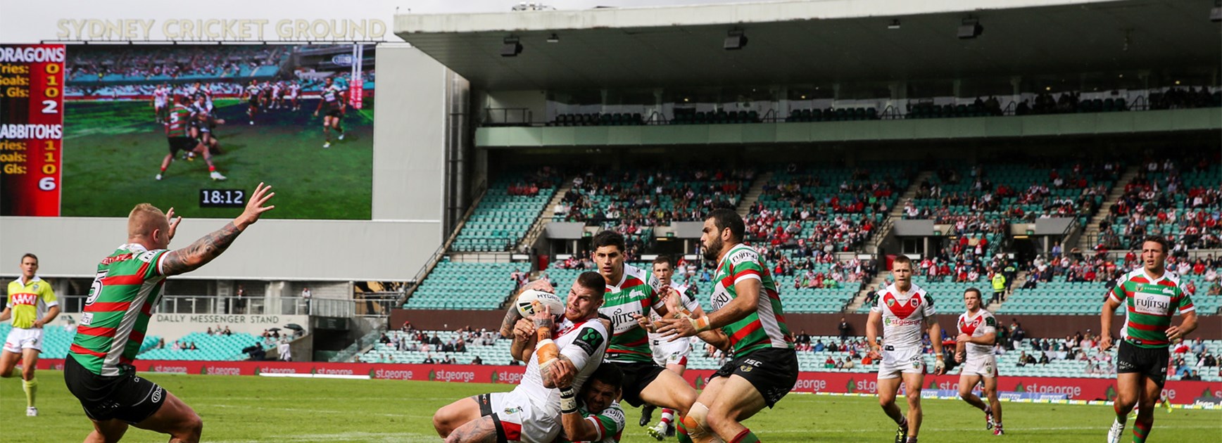Josh Dugan takes on the South Sydney defence at the SCG in Round 3.