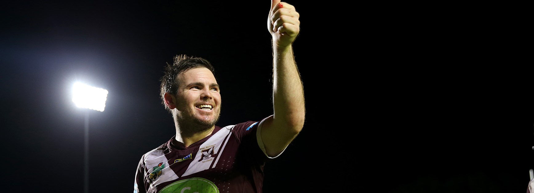 Jamie Lyon gives the thumbs up after Manly's first win of the season.
