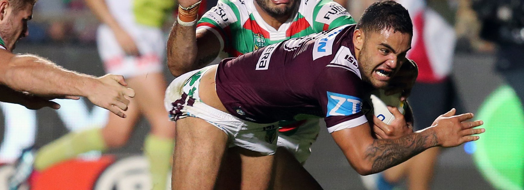Sea Eagles five-eighth Dylan Walker crosses for a try against the Rabbitohs.
