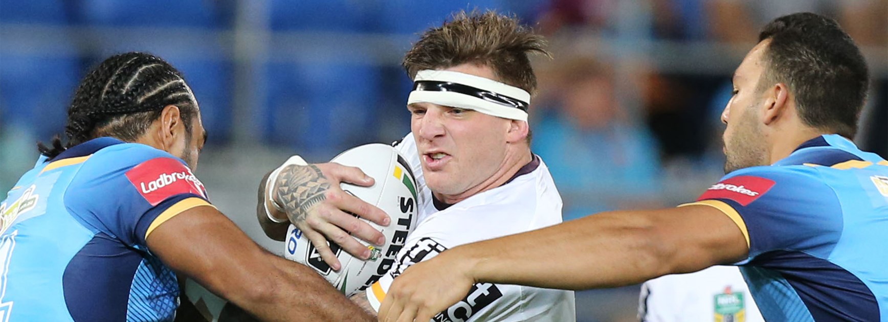 Broncos prop Josh McGuire takes a hit-up against the Titans in Round 5.
