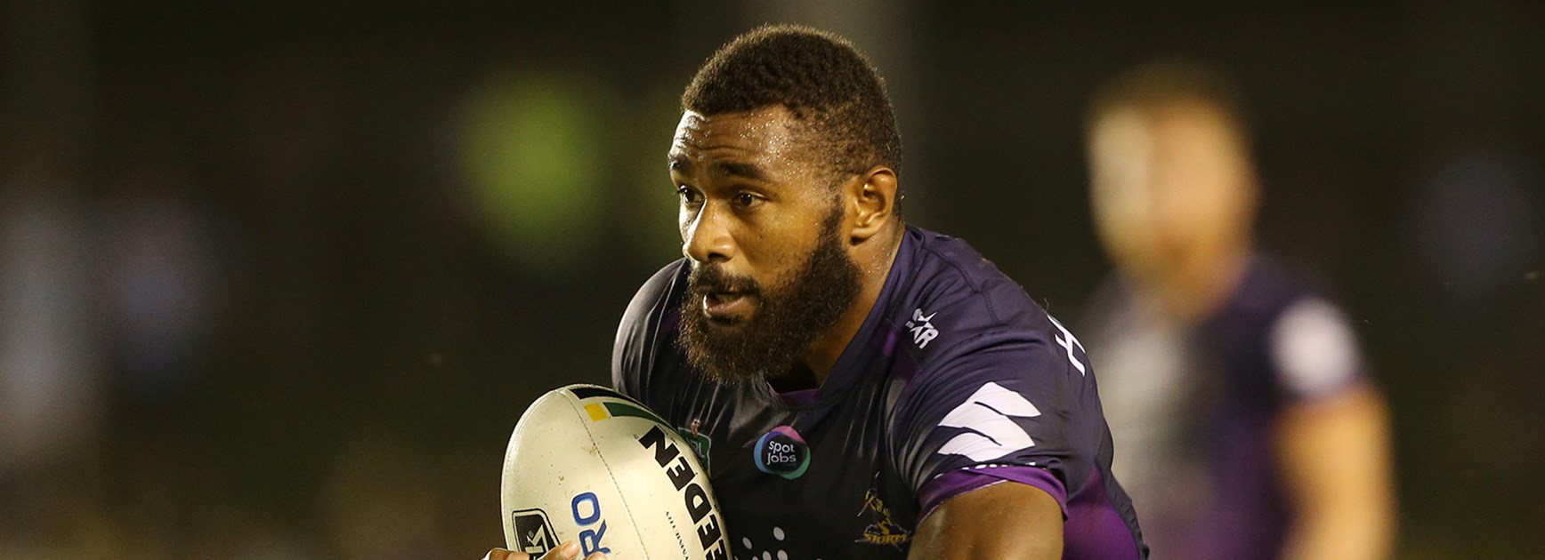Storm winger Marika Koroibete in action against the Sharks in Round 4 of the Telstra Premiership.