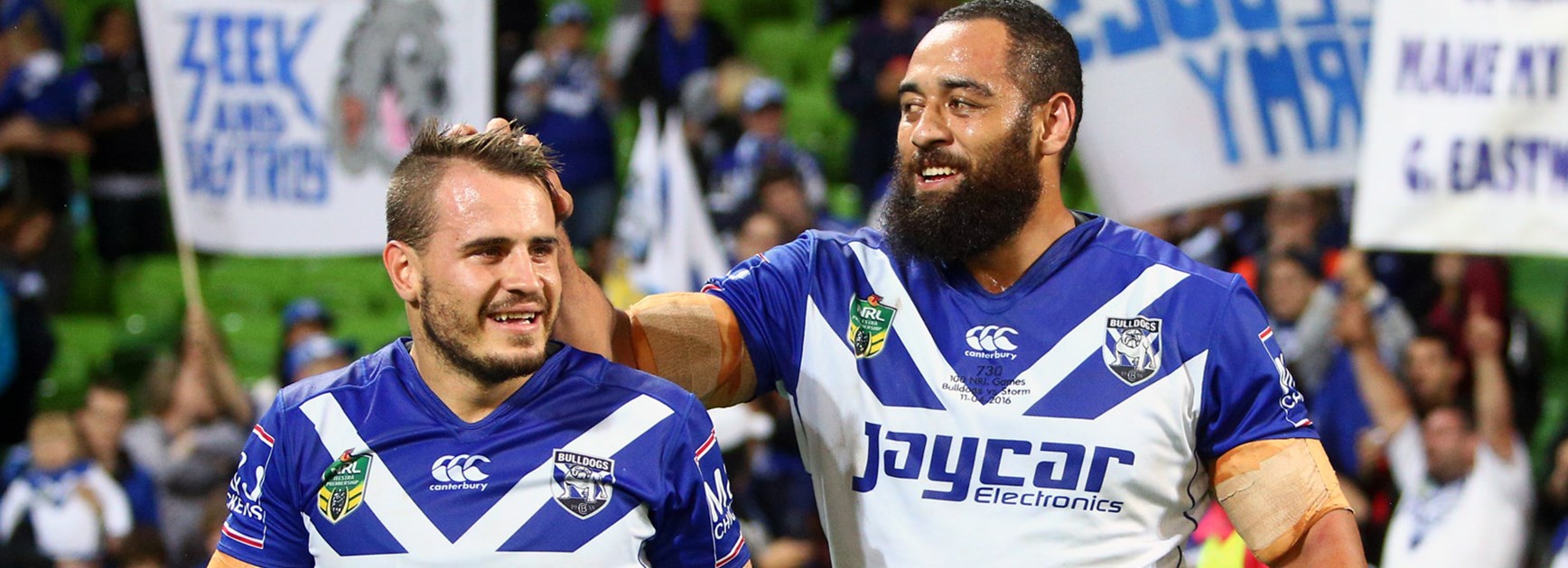 Bulldogs Josh Reynolds and Sam Kasiano following their win over the Storm.