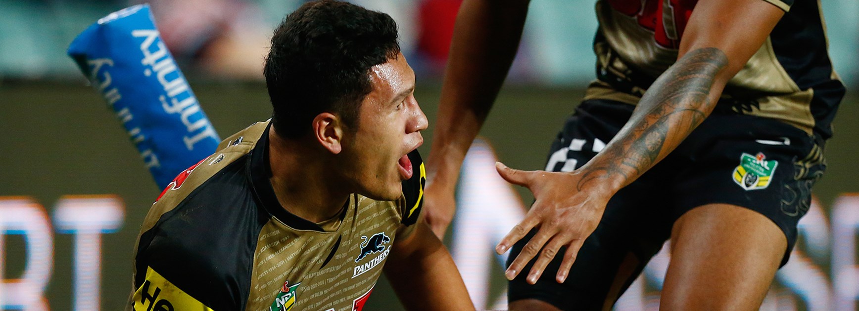 Dallin Watene-Zelezniak celebrates a try against the Roosters in Round 7.