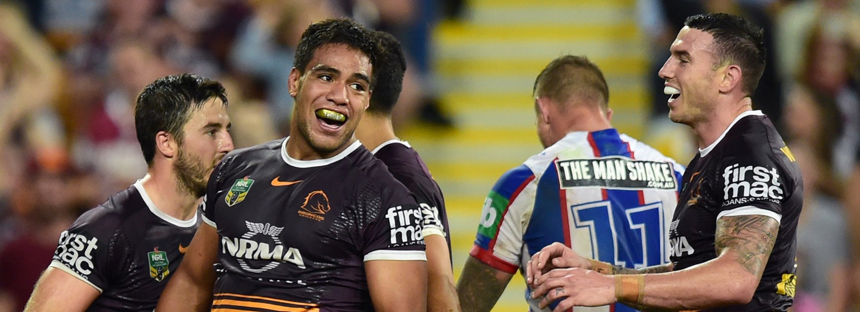 Joe Ofahengaue celebrates his maiden NRL try against the Knights last Friday.