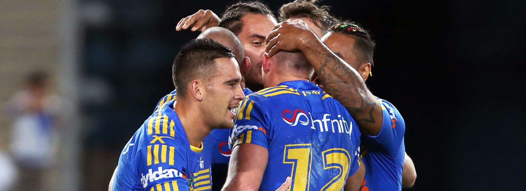 Eels players celebrate during their win over the Bulldogs in Round 9.