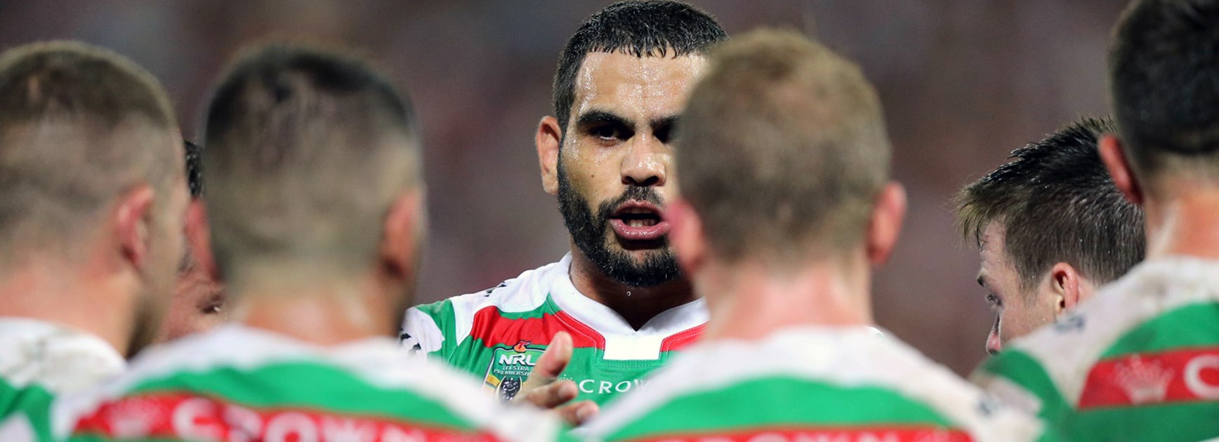 Souths captain Greg Inglis addresses his team in Round 8.