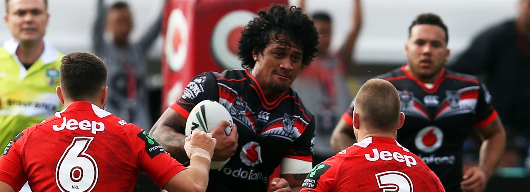 James Gavet takes a hit-up against the Dragons in Round 9.