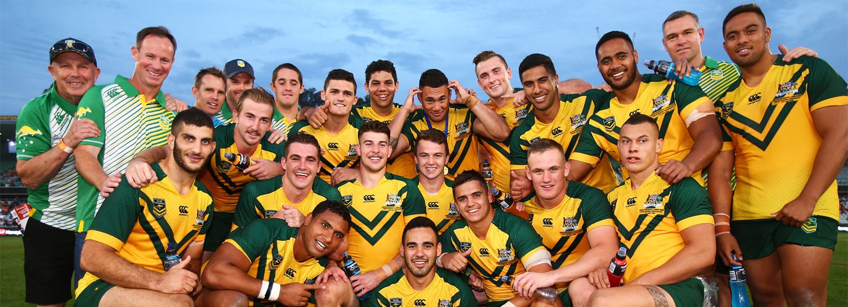 The Junior Kangaroos celebrate their win over the Junior Kiwis on Saturday.