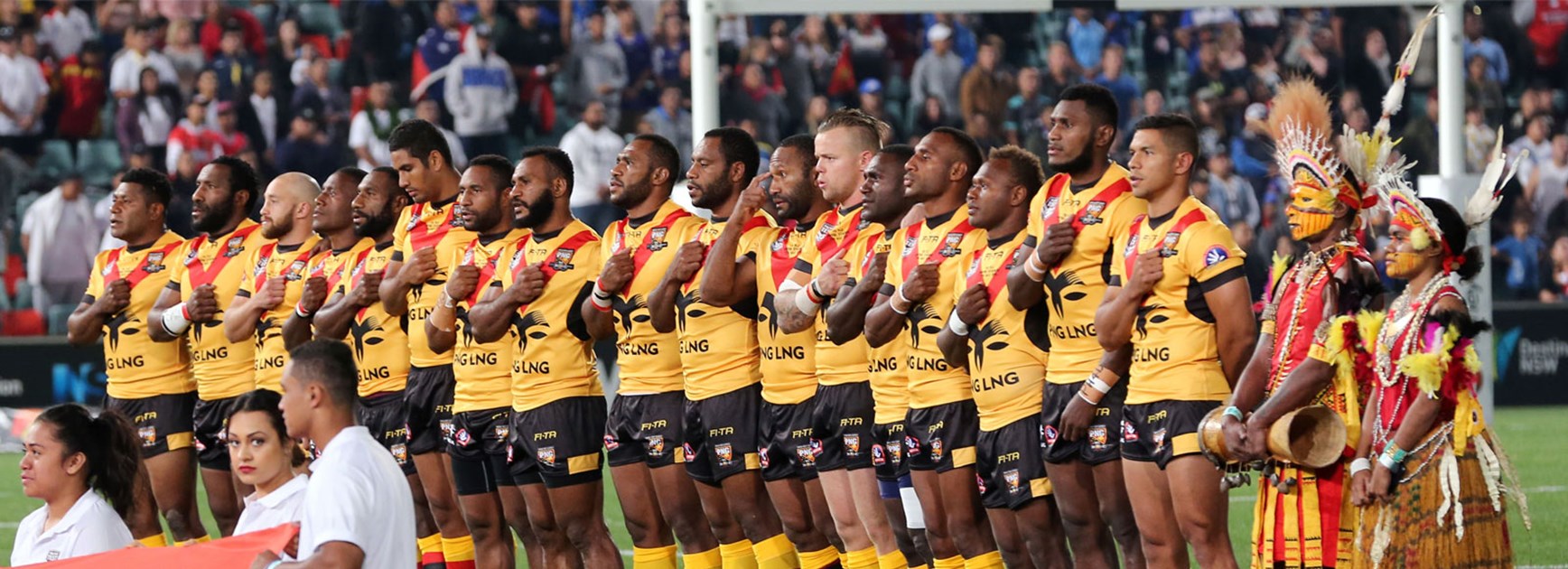 Papua New Guinea players line up for the national anthem ahead of Saturday's Test against Fiji.