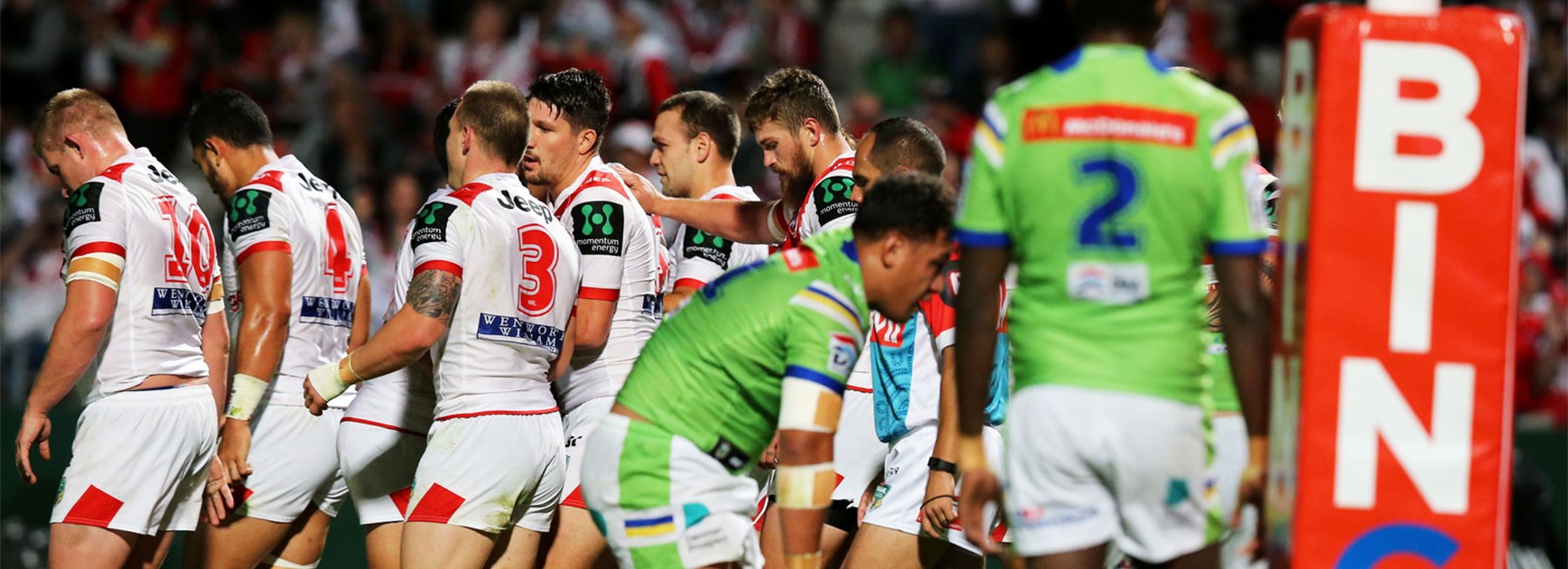 The Dragons celebrate Tyson Frizell's opening try against Canberra on Thursday night.