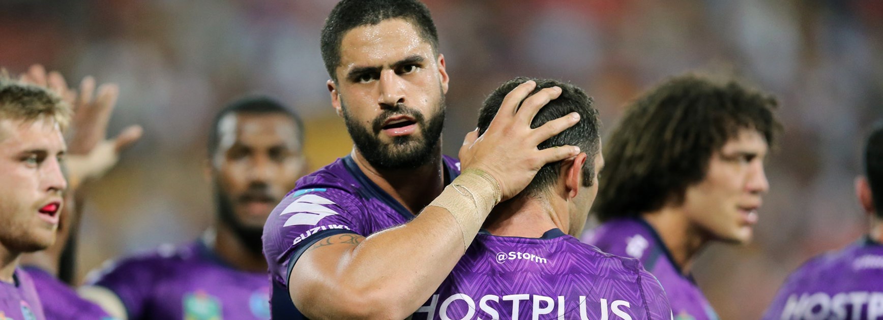 Storm prop Jesse Bromwich with Cameron Smith in Round 10.