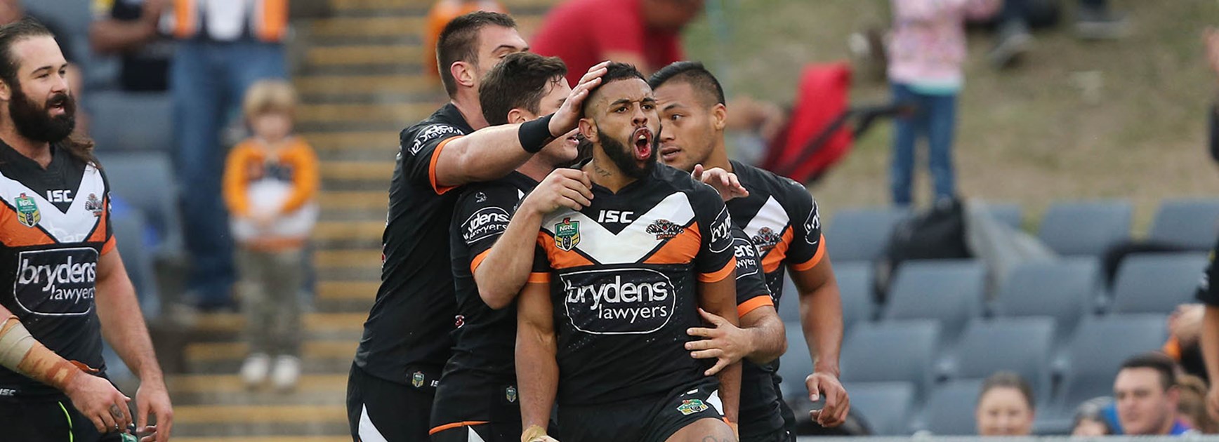 Josh Addo-Carr celebrates a try against the Knights in Round 11.