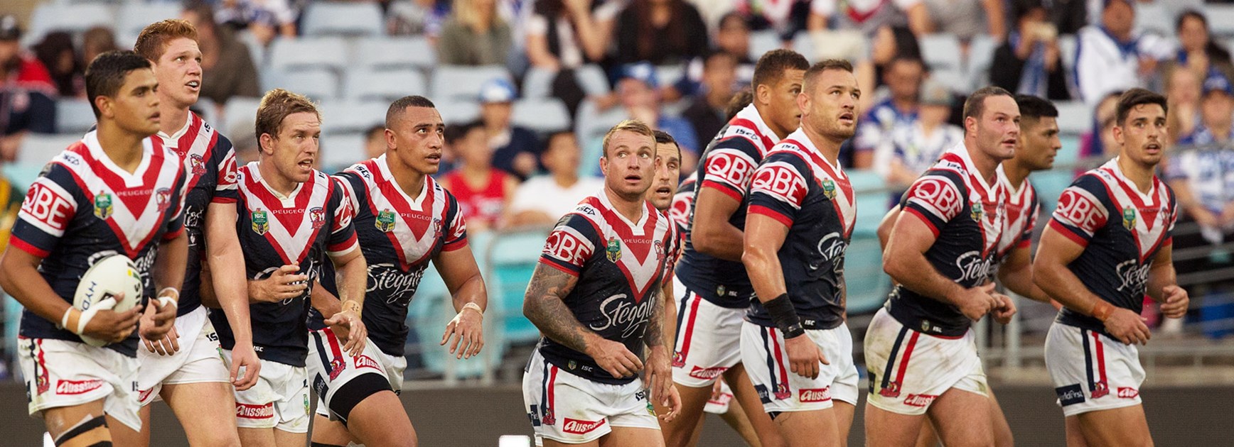 Roosters players look on in their loss to the Bulldogs in Round 11.